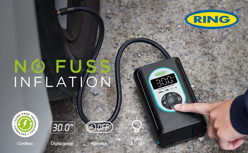 ring rtc4000 cordless tyre inflator. digital gauge, led light
