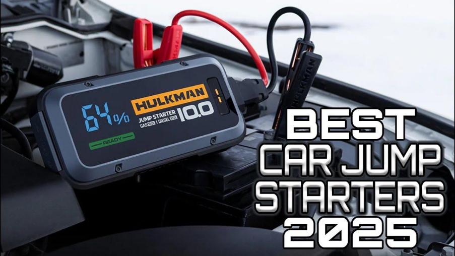 Portable car jump starter with digital display on car battery
