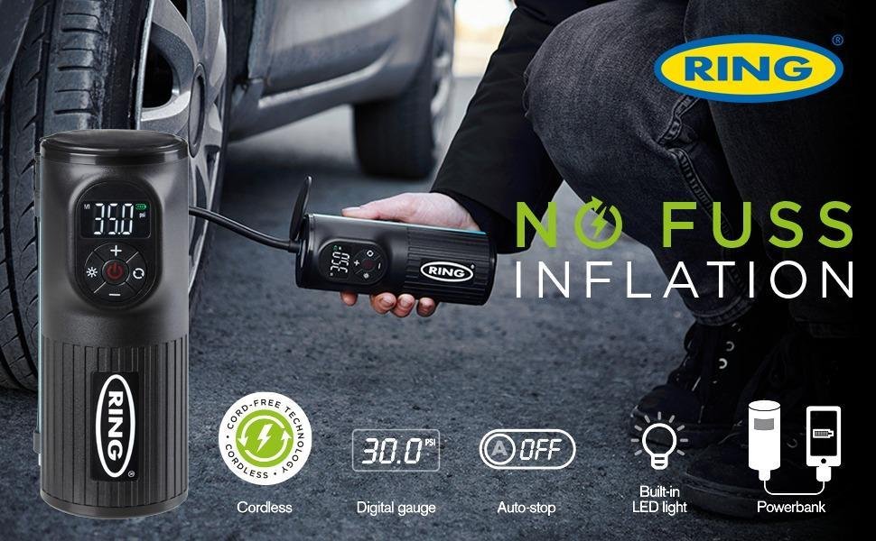 Ring RTC2000 cordless rechargeable tyre inflator. compact digital display